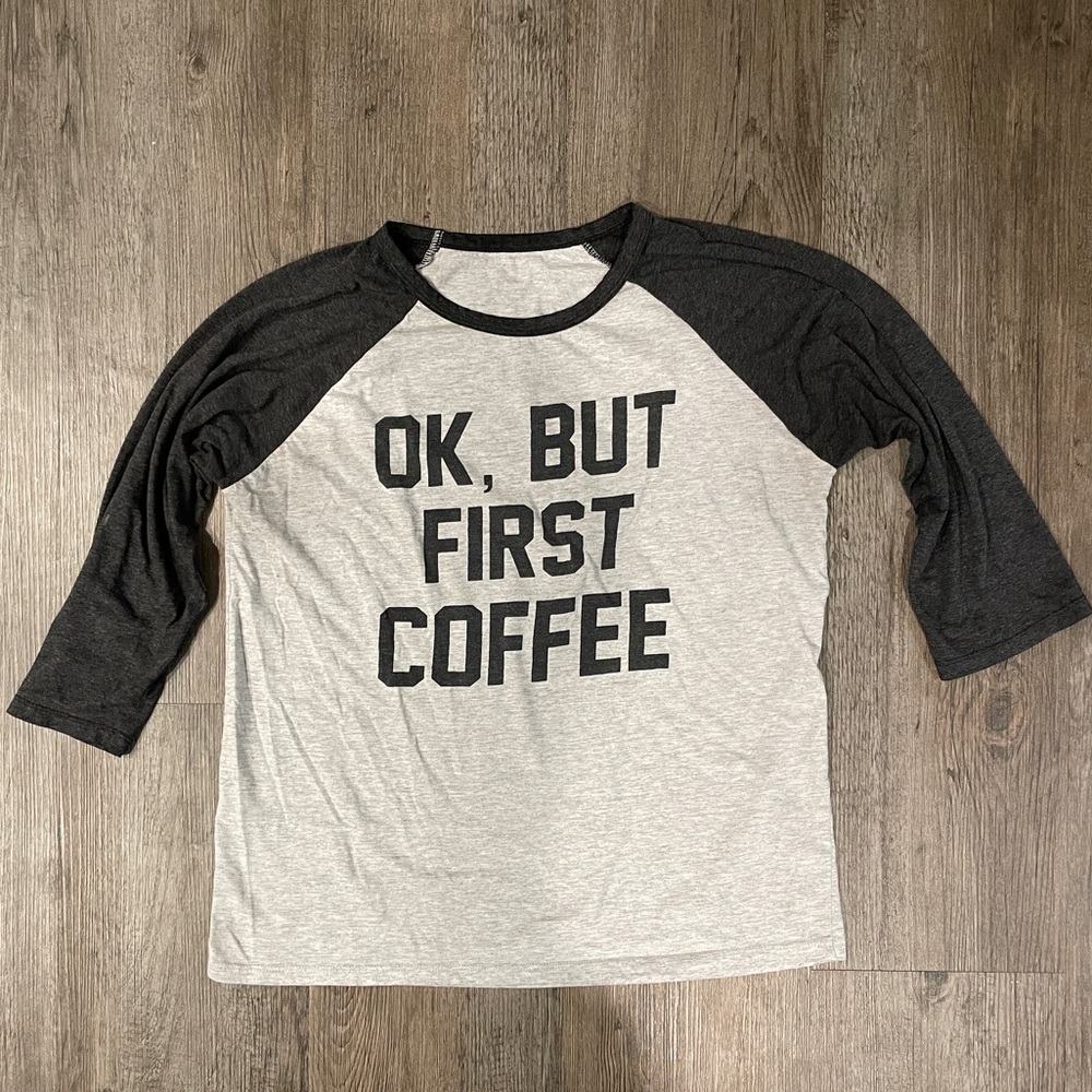 But First Coffee Graphic 3/4 Sleeve Light & Charcoal Gray Tee